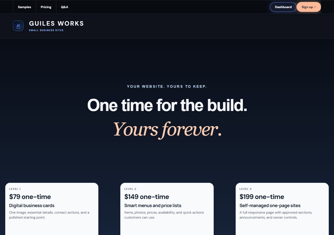 Guiles Works website with an animated ownership message and website plans