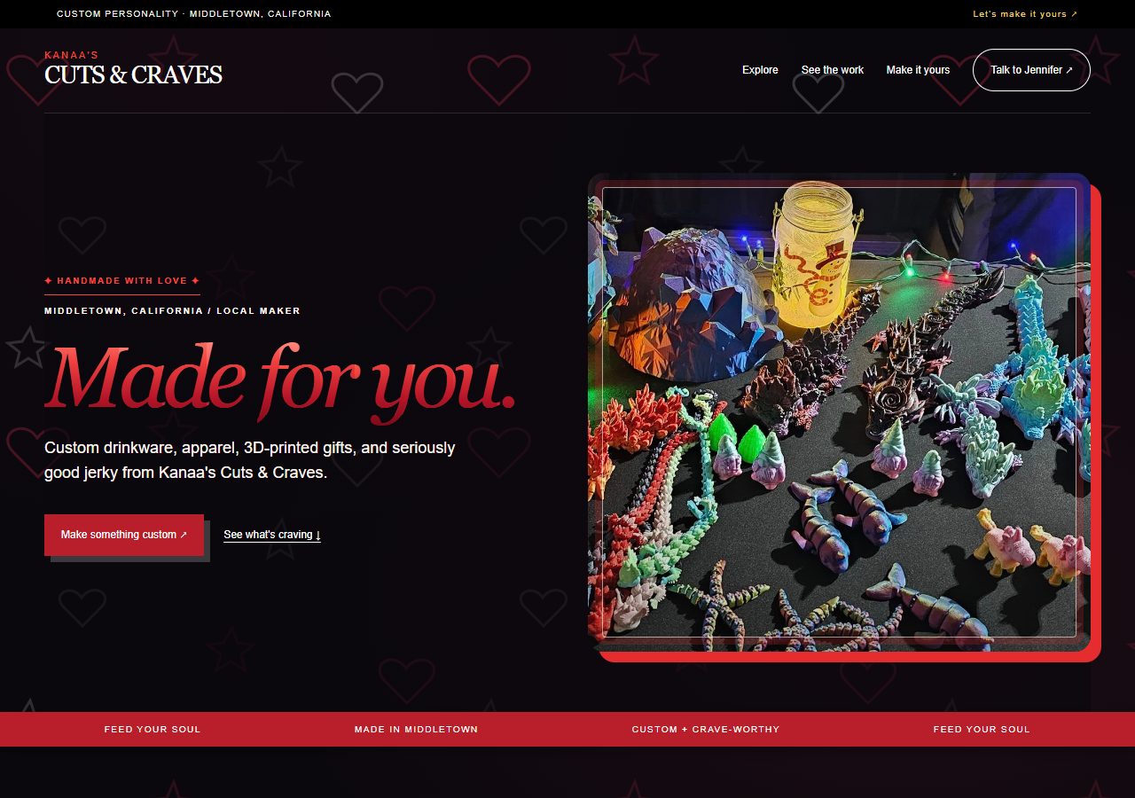 Kanaa’s colorful storefront for custom drinkware, apparel, gifts, and jerky