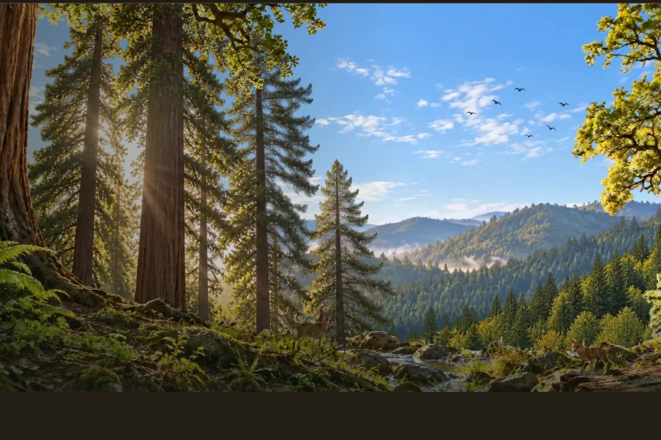 STRATA’s layered forest, stream and wildlife, captured from the interactive scene