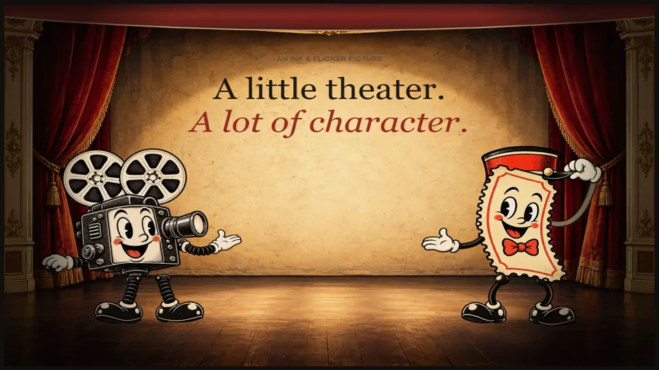 Ink the ticket and Flicker the projector performing on a red-curtained theater stage